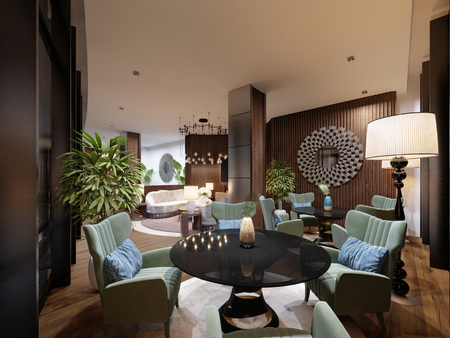 Lounge area of the hotel in a modern style, with fashionable designer furniture, tables and soft armchairs. 3d renderingの写真素材