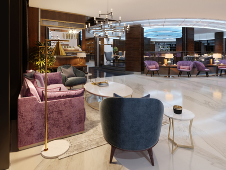 Modern hotel vestibule and a luxurious restaurant in the center with neon lighting. 3d renderingの写真素材
