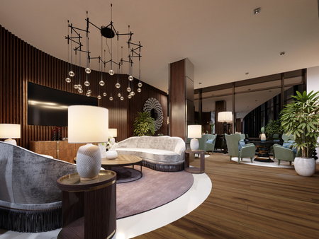 Very luxurious seating area in a modern hotel. White designer sofa with slats on the wall with a TV. Side table with lamp and a large chandelier. 3d renderingの写真素材