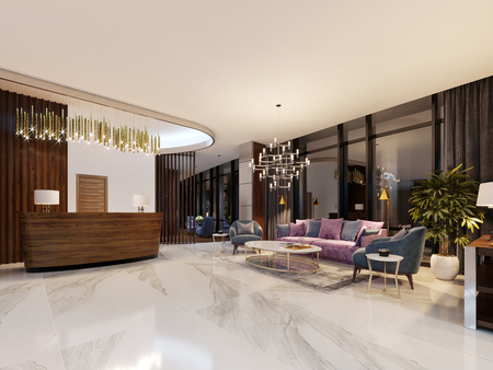 Luxurious lobby in a modern hotel with a comfortable sofa and designer armchairs. 3d renderingの写真素材