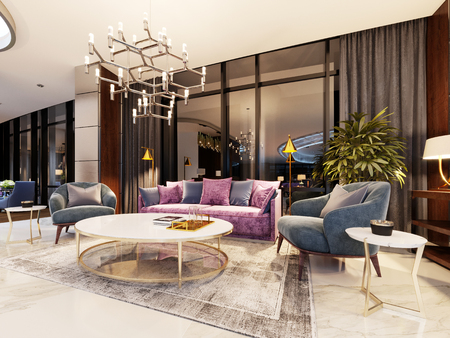 Luxurious lobby in a modern hotel with a comfortable sofa and designer armchairs. 3d renderingの写真素材