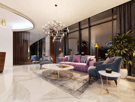 Luxurious lobby in a modern hotel with a comfortable sofa and designer armchairs. 3d renderingの写真素材