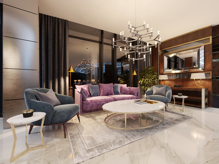 Luxurious lobby in a modern hotel with a comfortable sofa and designer armchairs. 3d renderingの写真素材