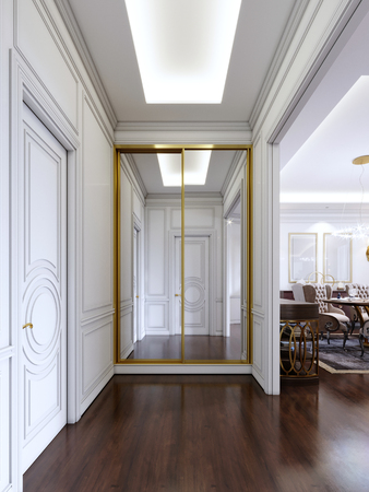 Classic style hall with white walls and built-in sliding wardrobe with golden frame. 3d renderingの写真素材
