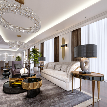 Luxury apartments in the hotel with a living room and dining room, sofa, bed, TV stand, dining table, classic interior with white walls. 3d renderingの写真素材