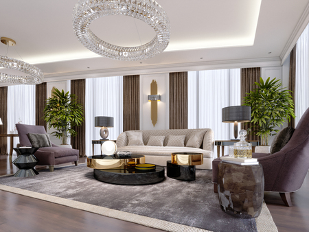 Design of luxury apartments in modern style with designer furniture and large curtains. 3d rendering.の写真素材