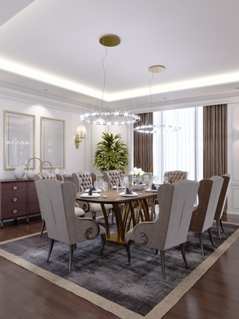 Luxurious dining room with a large table and soft chairs in a classic apartment. 3D rendering.の写真素材