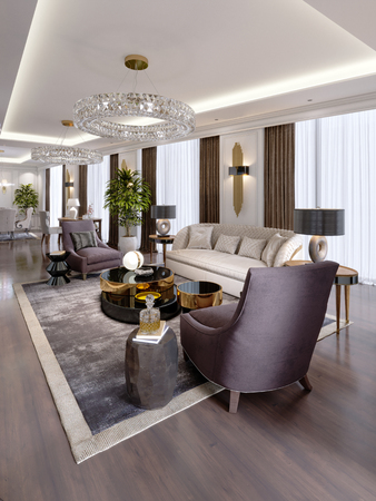 Luxury apartments in the hotel with a living room and dining room, sofa, bed, TV stand, dining table, classic interior with white walls. 3d renderingの写真素材