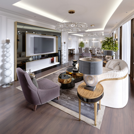 Luxury apartments in the hotel with a living room and dining room, sofa, bed, TV stand, dining table, classic interior with white walls. 3d renderingの写真素材