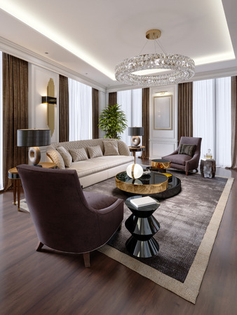 Design of luxury apartments in modern style with designer furniture and large curtains. 3d rendering.の写真素材