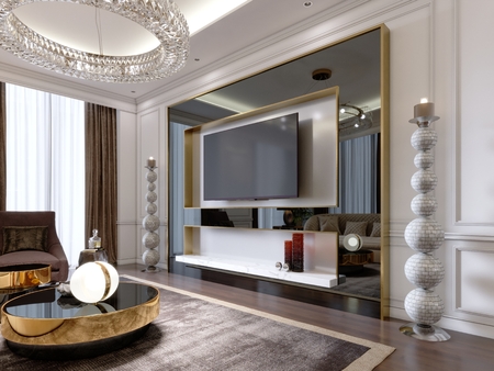 TV stand in Suite living room with TV in large glossy black frame with large candlesticks near, modern apartment. 3D rendering.の写真素材