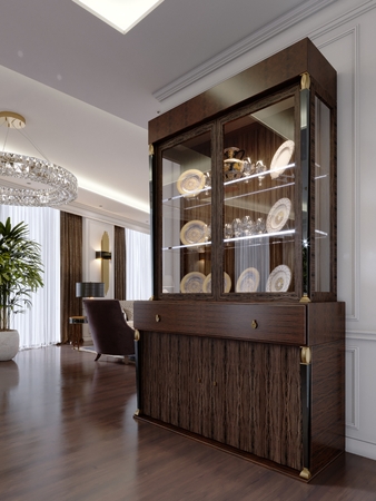 Glass Cabinet with dishes on the shelves and lighting in a modern classic style in the living room. 3D rendering.の写真素材