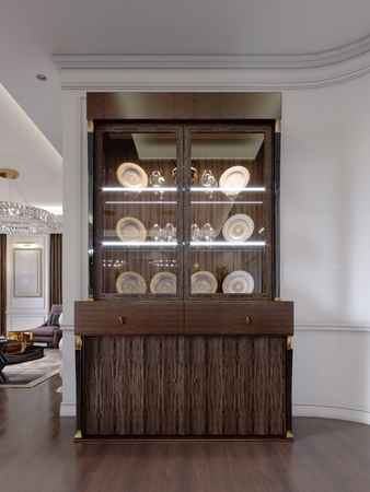 Glass Cabinet with dishes on the shelves and lighting in a modern classic style in the living room. 3D rendering.の写真素材