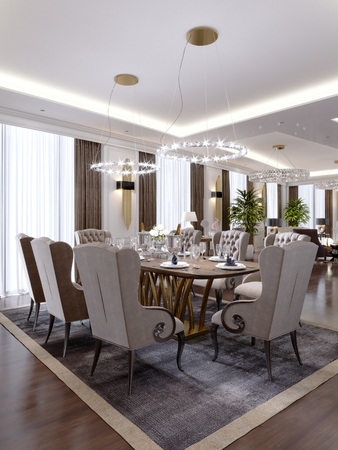 Luxurious dining room with a large table and soft chairs in a classic apartment. 3D rendering.の写真素材