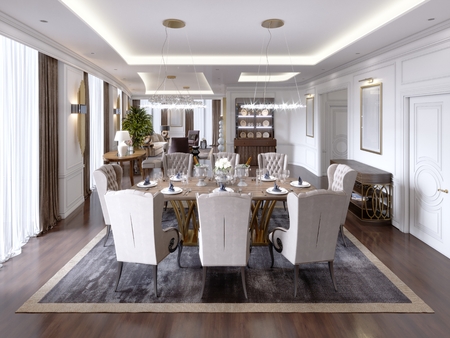 Luxurious dining room with a large table and soft chairs in a classic apartment. 3D rendering.の写真素材