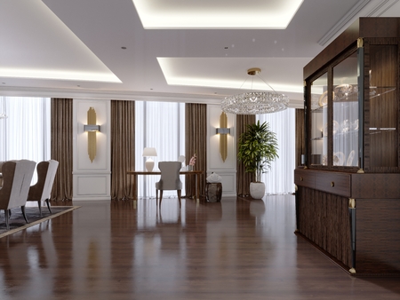 Modern hall in a classic apartment with a glass wardrobe and a dressing table, a passage to the living room. 3D rendering.の写真素材