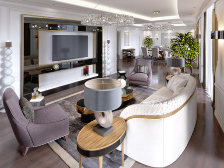 Luxury apartments in the hotel with a living room and dining room, sofa, bed, TV stand, dining table, classic interior with white walls. 3d renderingの写真素材