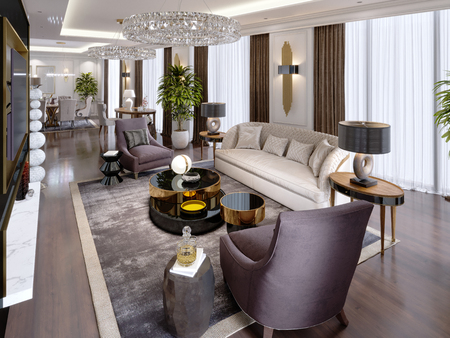 Luxury apartments in the hotel with a living room and dining room, sofa, bed, TV stand, dining table, classic interior with white walls. 3d renderingの写真素材