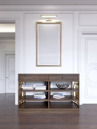 Classic wooden open console against the wall, with shelves and books and a picture with light over. 3d renderingの写真素材