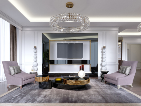 TV stand in Suite living room with TV in large glossy black frame with large candlesticks near, modern apartment. 3D rendering.の写真素材