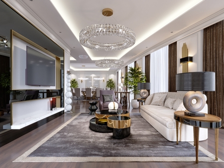 A modern, classic-style hotel room with a lounge and dining area and designer furniture. 3d renderingの写真素材
