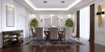 Large dining table for eight people in the dining room classic style, crystal chandeliers above the...