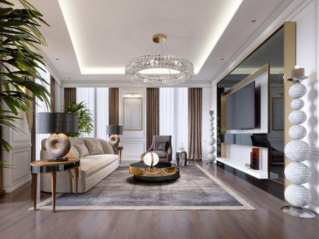 Luxurious living room in modern style with sofa, armchair, designer furniture, TV stand, large decorative candlestick, round crystal chandelier. 3d rendering.の写真素材