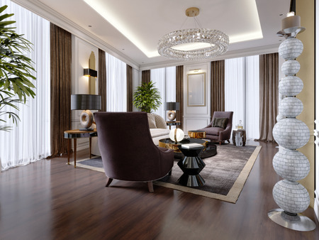 Luxurious living room in modern style with sofa, armchair, designer furniture, TV stand, large decorative candlestick, round crystal chandelier. 3d rendering.の写真素材
