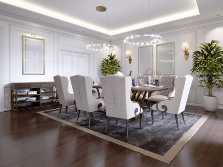 Large dining table for eight people in the dining room classic style, crystal chandeliers above the table. The design of the dining room. 3D rendering.の写真素材