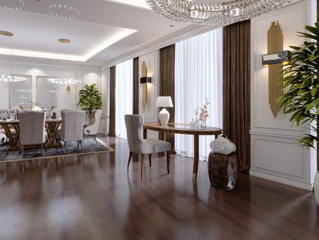 A modern dressing table in a classic style with a soft quilted chair and a bedside table with a bag in a luxury apartment. 3D rendering.の写真素材