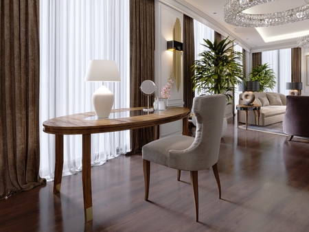 A modern dressing table in a classic style with a soft quilted chair and a bedside table with a bag in a luxury apartment. 3D rendering.の写真素材