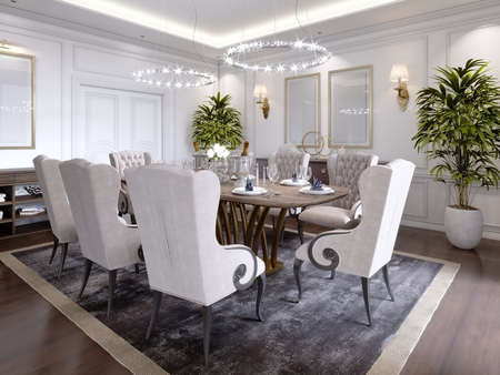 Large dining table for eight people in the dining room classic style, crystal chandeliers above the table. The design of the dining room. 3D rendering.の写真素材