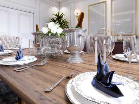 Luxury served table in the classic dining room. 3D rendering.の写真素材