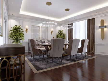 Large dining table for eight people in the dining room classic style, crystal chandeliers above the table. The design of the dining room. 3D rendering.の写真素材
