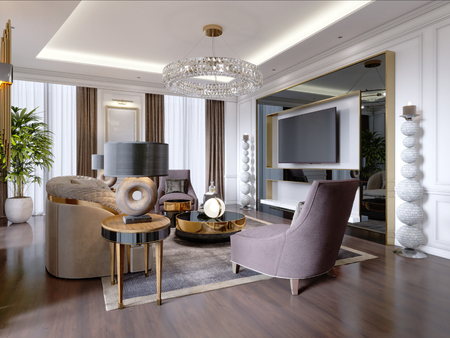 Luxurious living room in modern style with sofa, armchair, designer furniture, TV stand, large decorative candlestick, round crystal chandelier. 3d rendering.の写真素材