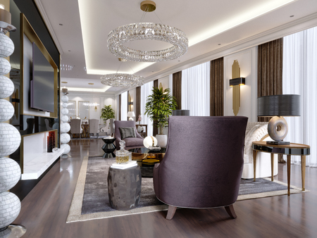 A modern, classic-style hotel room with a lounge and dining area and designer furniture. 3d renderingの写真素材