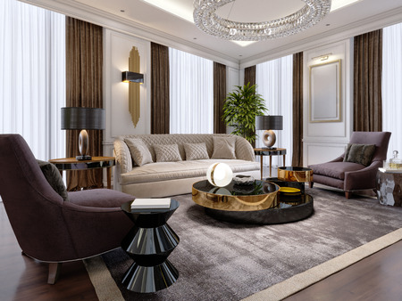 Luxurious living room in modern style with sofa, armchair, designer furniture, TV stand, large decorative candlestick, round crystal chandelier. 3d rendering.の写真素材