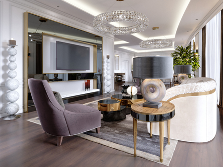 A modern, classic-style hotel room with a lounge and dining area and designer furniture. 3d renderingの写真素材