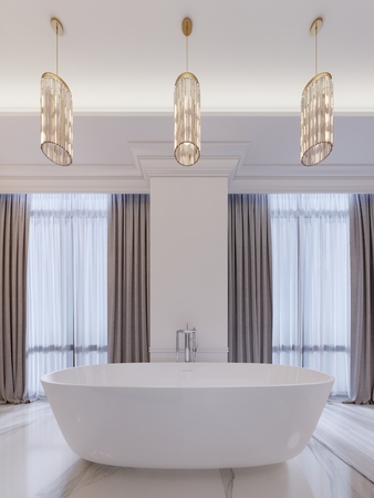 Modern bathroom with a window, hanging chandelier, curtains, bathroom. 3d rendering.の写真素材