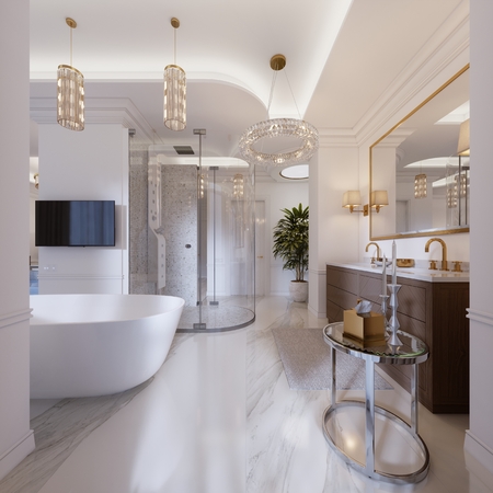 Luxurious contemporary bathroom with a free-standing bath and TV on the wall, shower, vanity with mirror and wall lamp. 3d rendering.の写真素材
