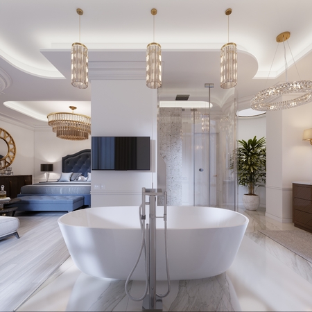 Design apartment with open space bedrooms and bathrooms in a modern style. 3d rendering.の写真素材