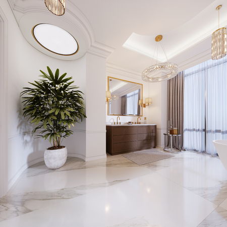 Luxurious bathroom with vanity and plant in a marble pot. 3d renderingの写真素材