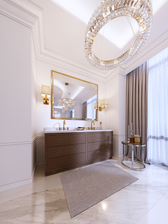 Modern wooden vanity with a mirror in a gold frame and sconces on the wall, a low table with decor and a rug with a chandelier. 3d rendering.の写真素材