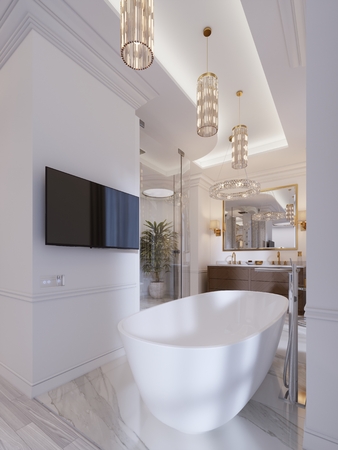 Luxurious contemporary bathroom with a free-standing bath and TV on the wall, shower, vanity with mirror and wall lamp. 3d rendering.の写真素材
