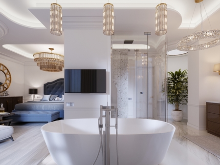 Design apartment with open space bedrooms and bathrooms in a modern style. 3d rendering.の写真素材