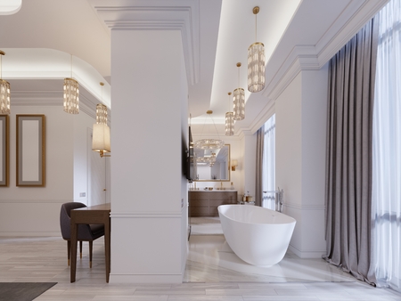 Design apartment with open space bedrooms and bathrooms in a modern style. 3d rendering.の写真素材