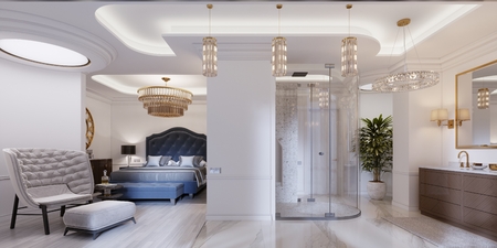 Design apartment with open space bedrooms and bathrooms in a modern style. 3d rendering.の写真素材