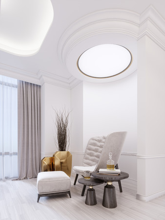 Modern white fashionable armchair with footrest, low table with decor and a golden vase with dry twigs. White modern interior with ceiling lights. 3d rendering.の写真素材