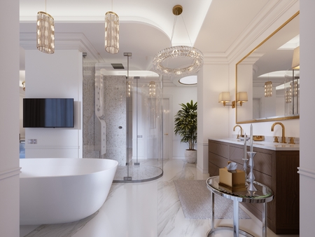 Luxurious contemporary bathroom with a free-standing bath and TV on the wall, shower, vanity with mirror and wall lamp. 3d rendering.の写真素材