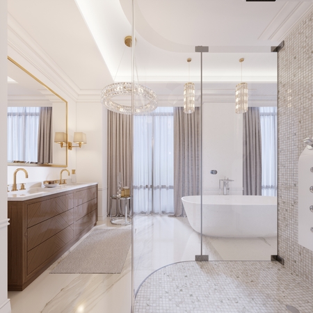 Modern bathroom with vanity and a mirror in a gold frame with sconces on the wall, a low table with decor, shower and a fashionable bath. 3d rendering.の写真素材